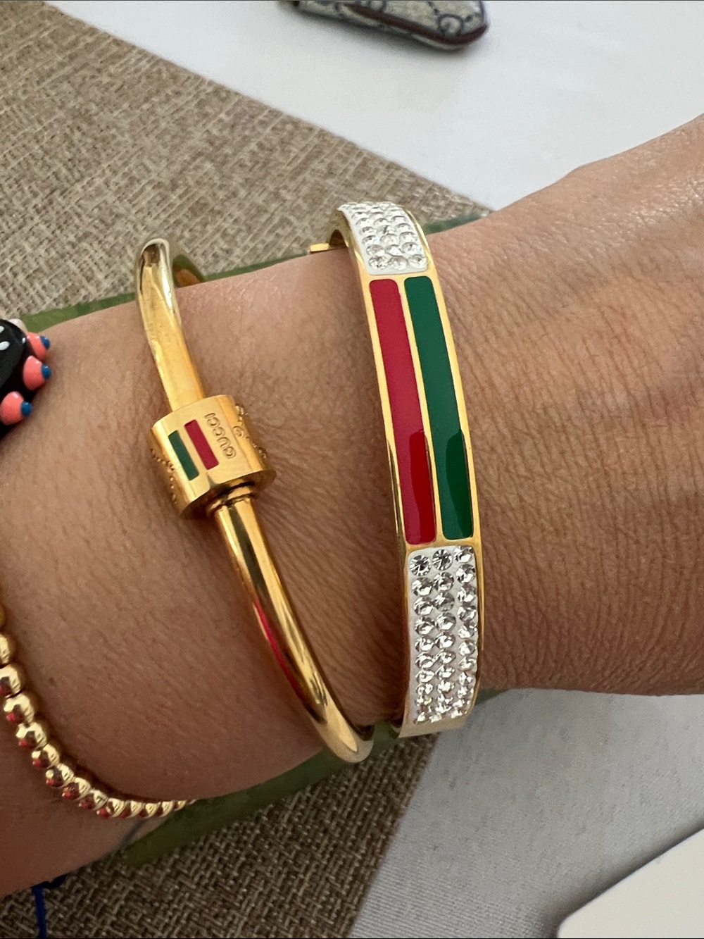 Gucci Gold-Tone Bangle with Red & Green Enamel and Crystal Accents